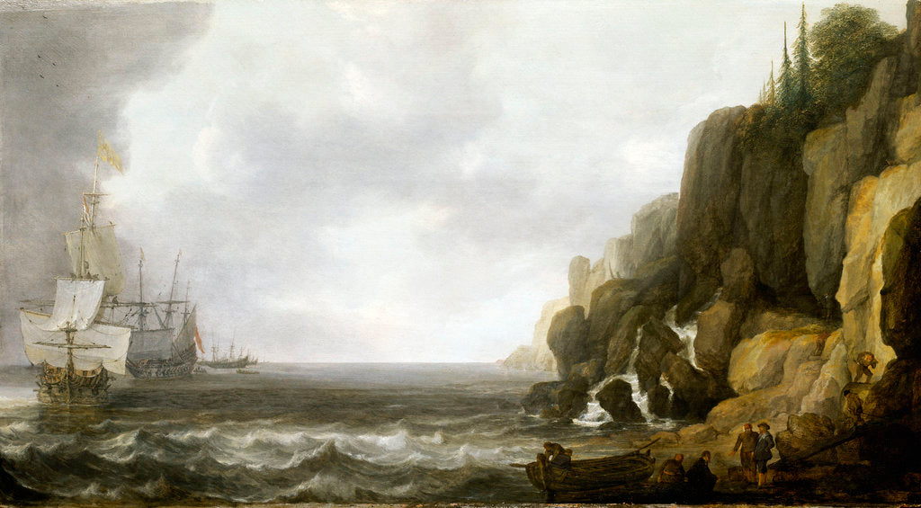Detail of Dutch ships revictualling off a rocky coast by Simon de Vlieger