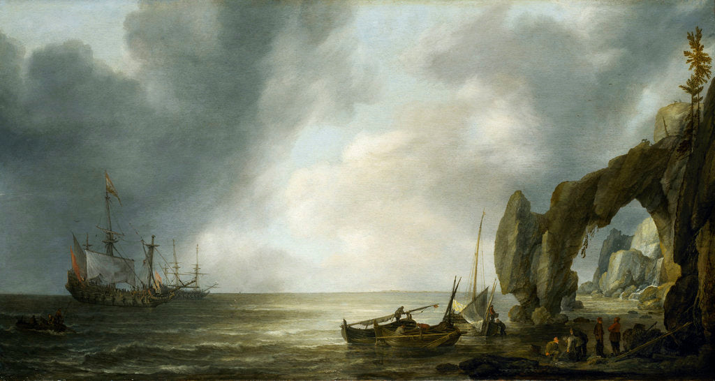 Detail of Dutch men-of-war off a craggy coast by Simon de Vlieger