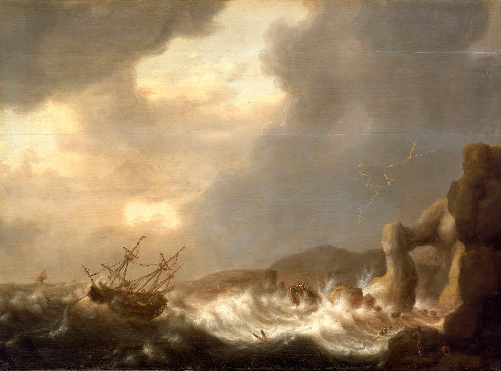 Detail of Ships wrecked on a rocky shore by Hendrick Staets