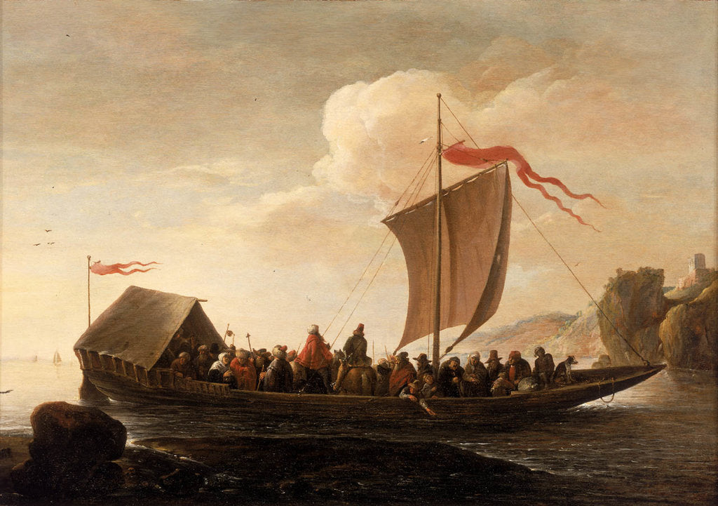 Detail of A ferry boat on a calm sea by Pieter de Bloot