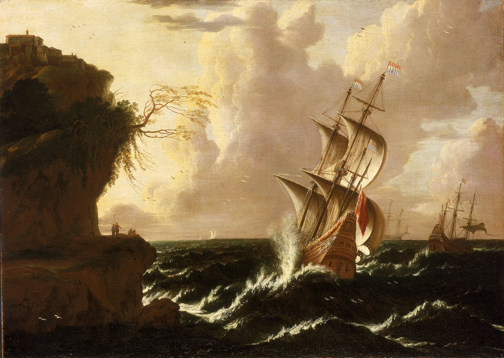 Detail of A Dutch ship in a storm by Matthieu van Plattenberg