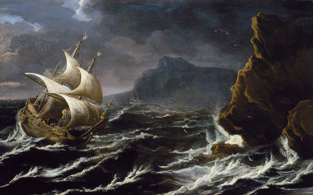 Detail of A Dutch ship running on to a rocky coast by Matthieu van Plattenberg
