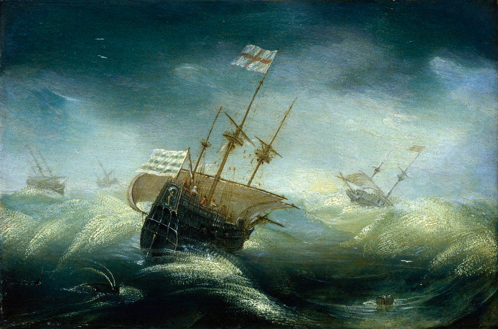 Detail of English ships in a rough sea by Claes Wou