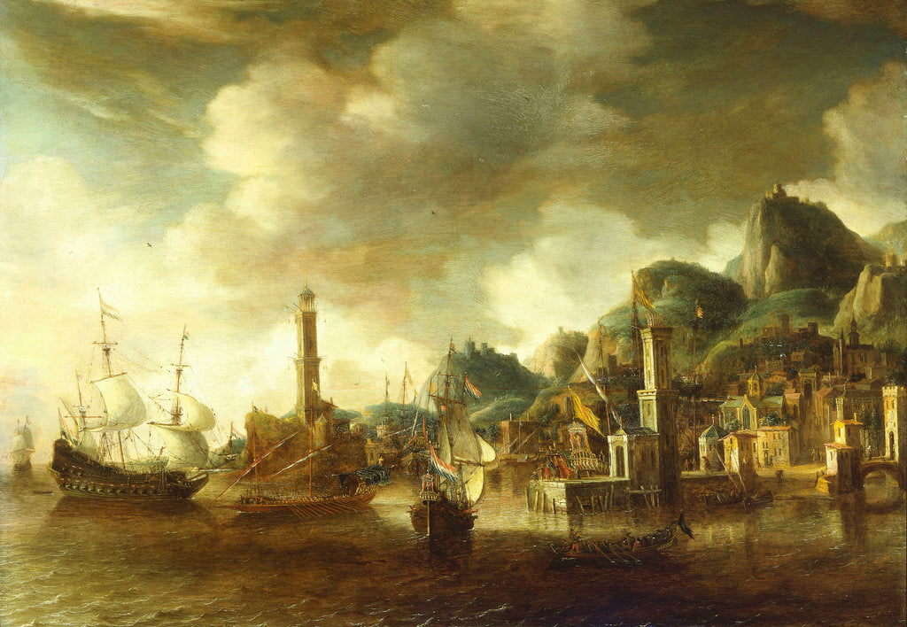 Detail of A Dutch flagship and a Fluyt running into a Mediterranean harbour by Johannes Beerstraaten