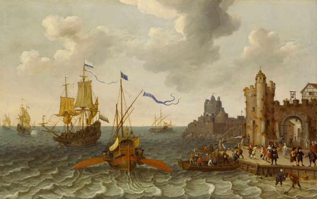 Detail of A French galley and Dutch men-of-war off a port by Abraham Willaerts