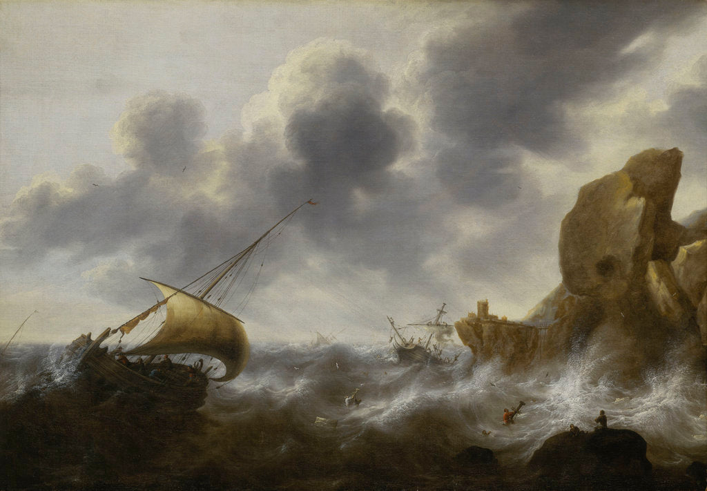 Detail of A fishing boat off a rocky coast in a storm with a wreck by Jacob Adriaensz Bellevois