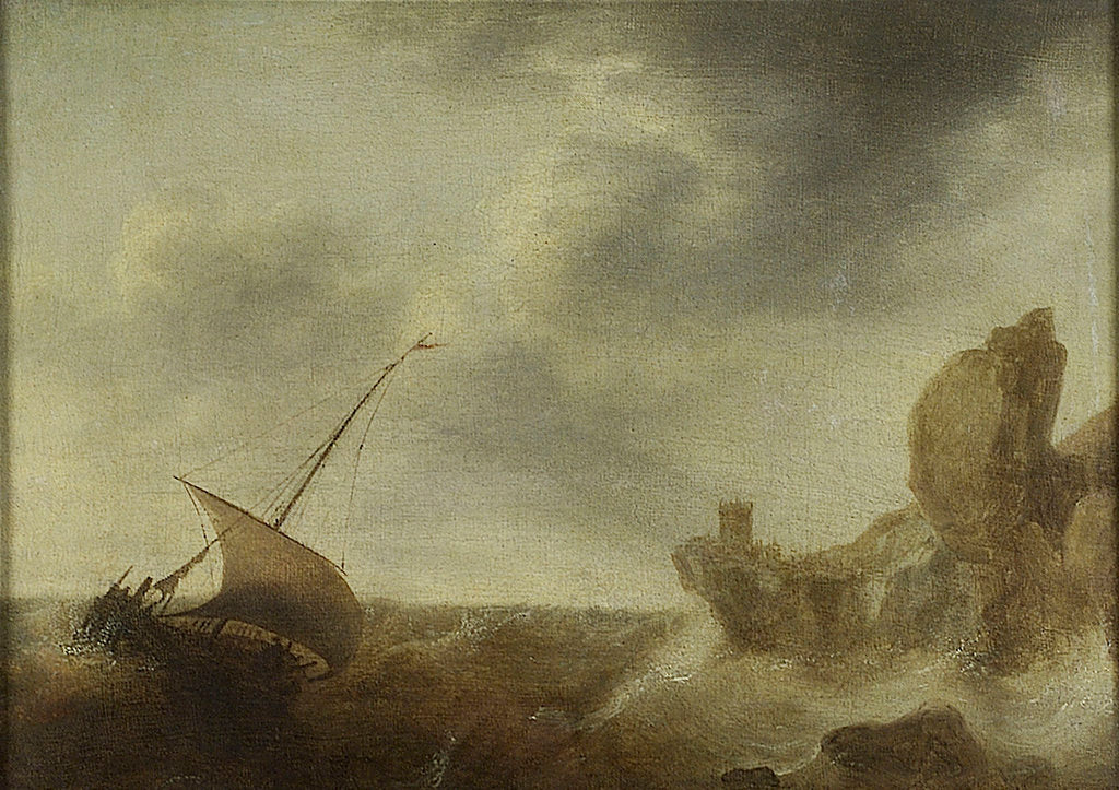 Detail of A small vessel beating off a rocky coast by Jacob Adriaensz Bellevois