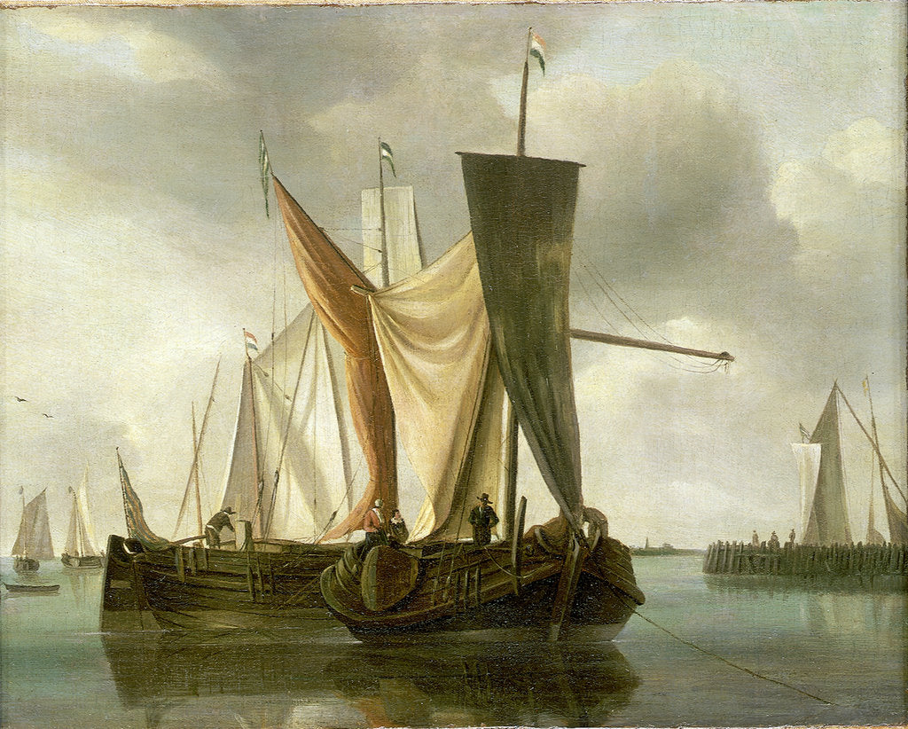 Detail of Dutch fishing boats becalmed near a jetty by Hendrik-Jacobsz Dubbels