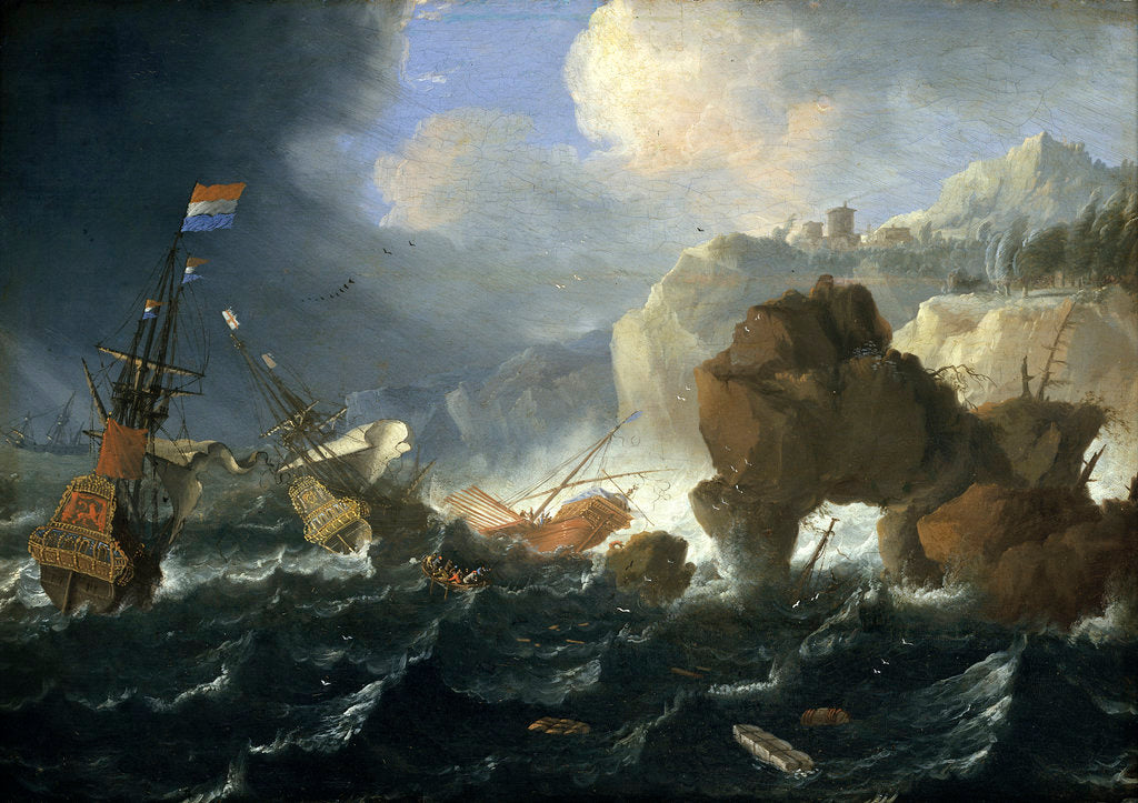 Detail of Ships and a galley wrecked on a rocky coast by Jan Peeters