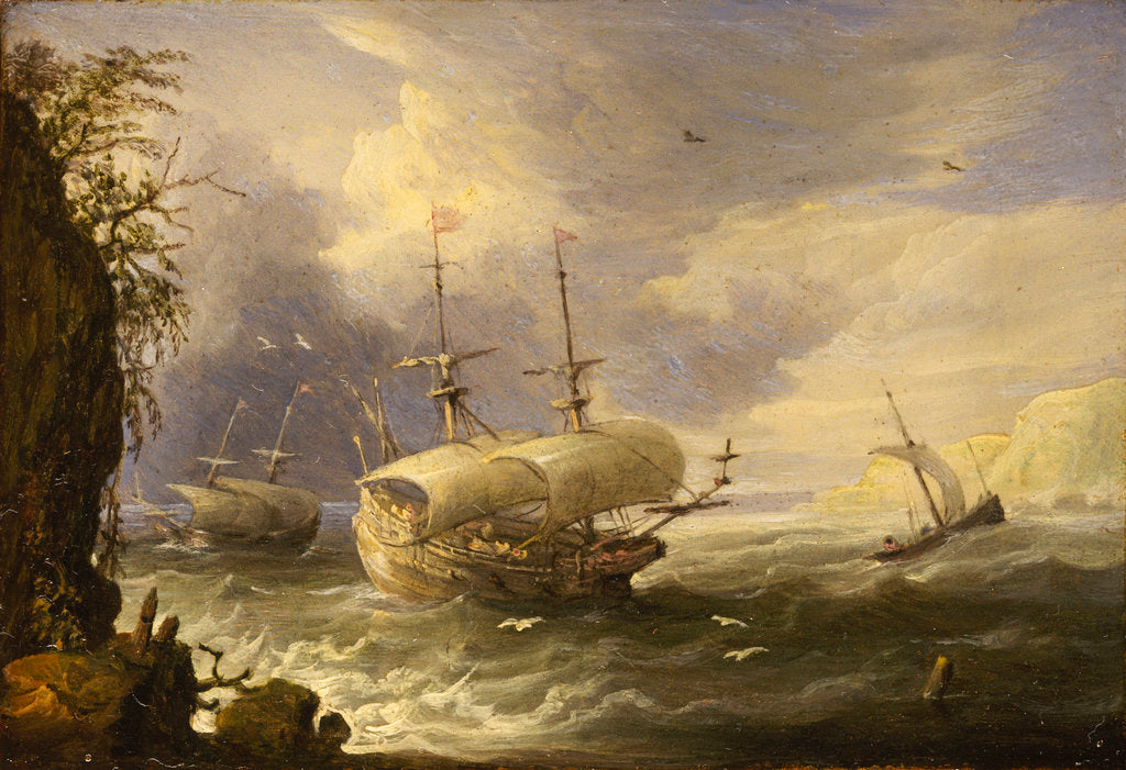 Detail of Shipping off a rocky coast by Pieter van den Velde