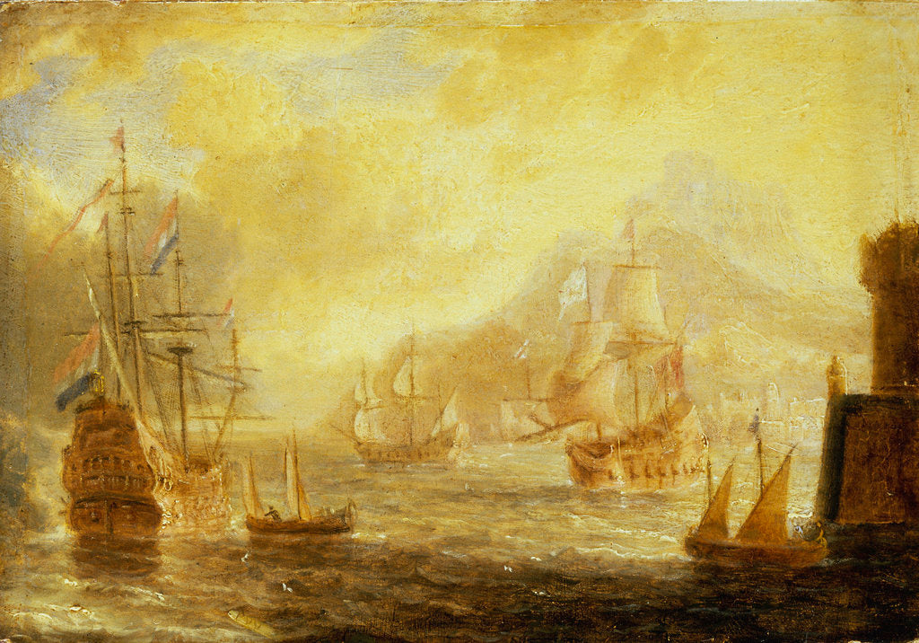 Detail of Ships at anchor off a mediterranean harbour by Pieter van den Velde