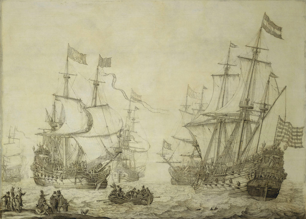 Detail of Two Dutch merchant ships under sail near the shore in a moderate breeze by Willem van de Velde the Elder