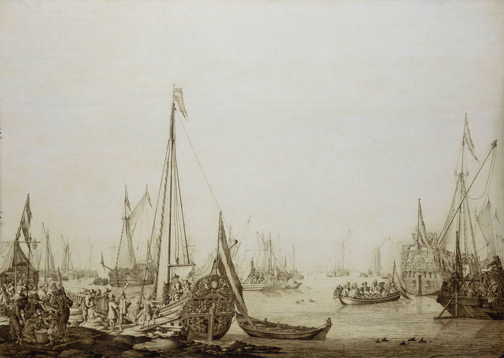 Detail of Calm: a Dutch bezan yacht and other vessels in a crowded harbour by Willem van de Velde the Elder