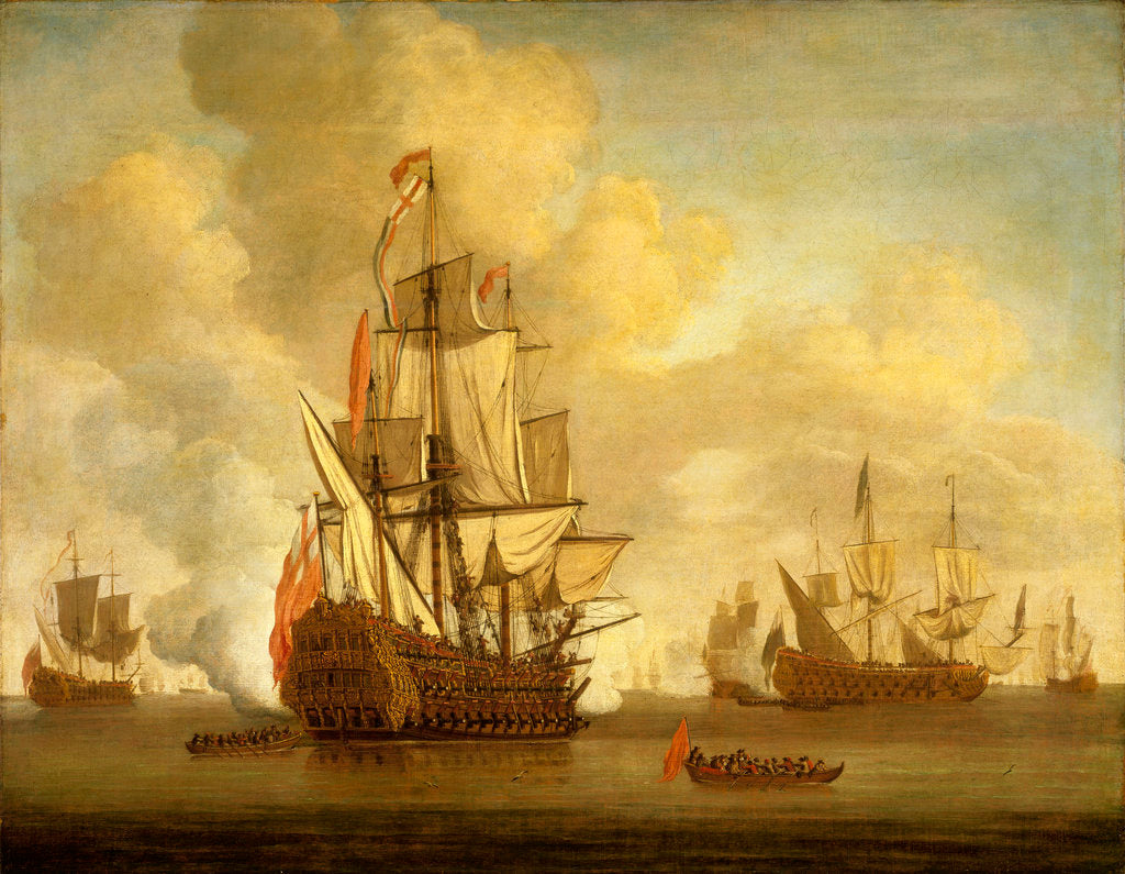 Detail of Calm: an English two-decker with sails loosed firing a salute by Willem van de Velde the Elder