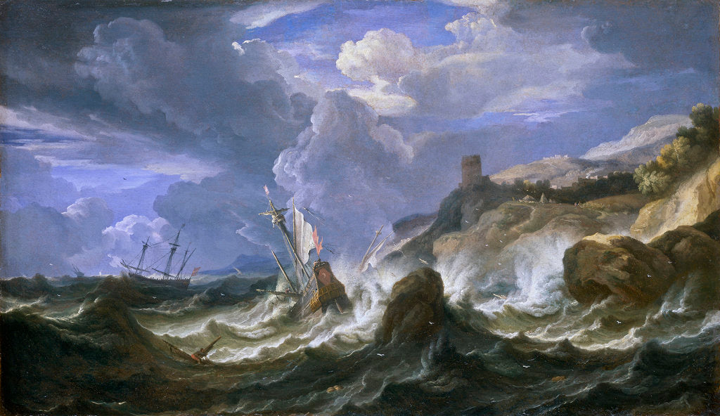 Detail of A ship wrecked in a storm off a rocky coast by Pieter Mulier