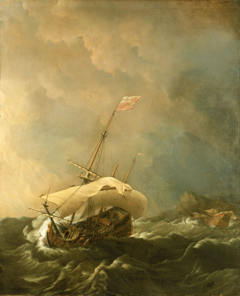 Detail of An English ship in a gale trying to claw off a lee shore by Willem Van de Velde the Younger