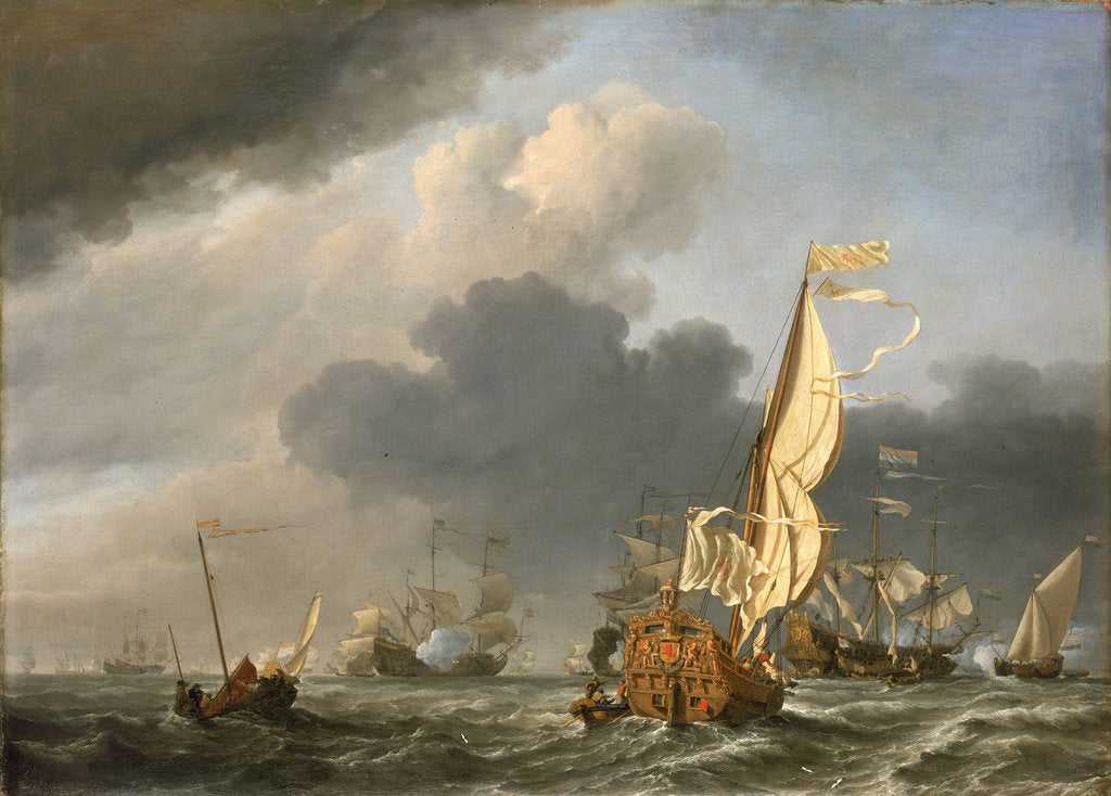 Detail of A states yacht in a fresh breeze running towards a group of Dutch ships by Willem Van de Velde the Younger