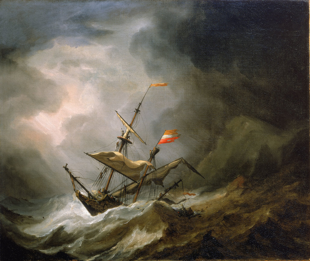Detail of A mediterranean brigantine drifting onto a rocky coast in a storm by Willem Van de Velde the Younger