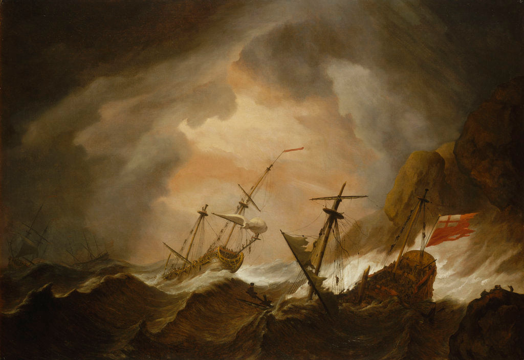 Detail of Two English ships wrecked in a storm on a rocky coast by Willem Van de Velde the Younger