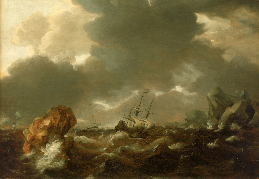 Detail of A Dutch merchant ship running between rocks in rough weather by Willem Van de Velde the Younger