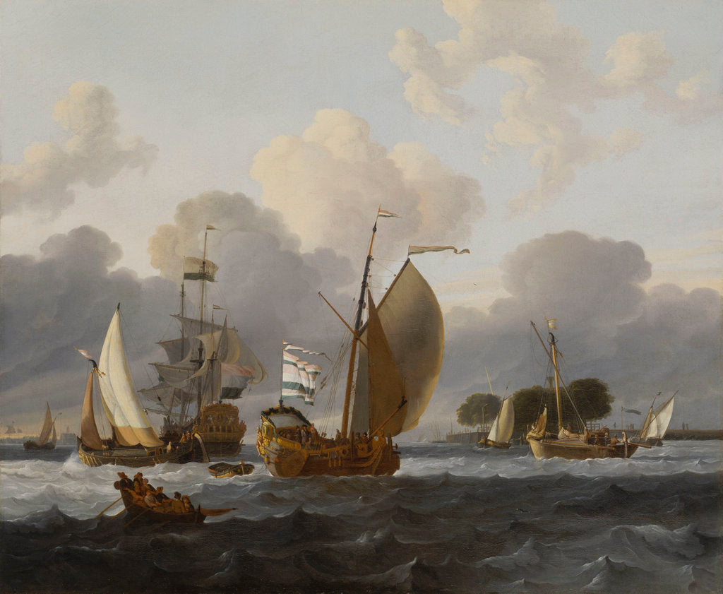 Detail of A Dutch yacht before the wind in a harbour by unknown