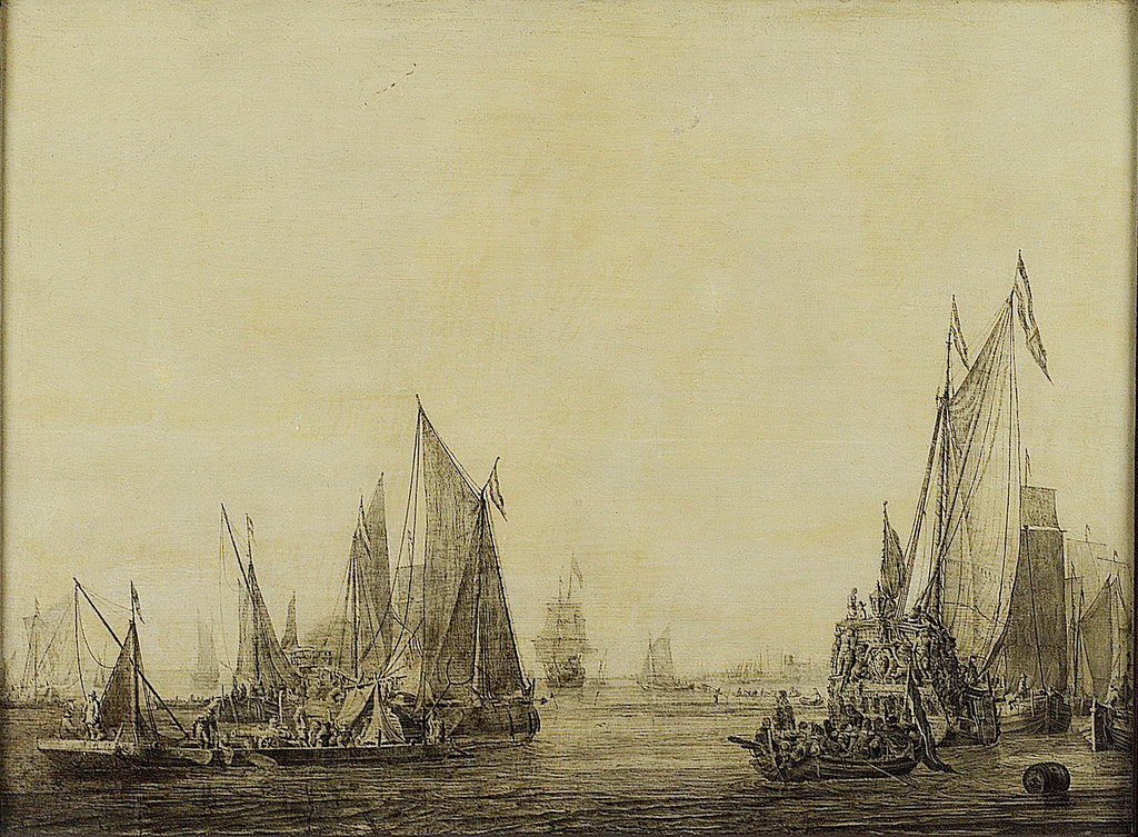 Detail of Dutch shipping in a harbour by Ludolf Bakhuizen