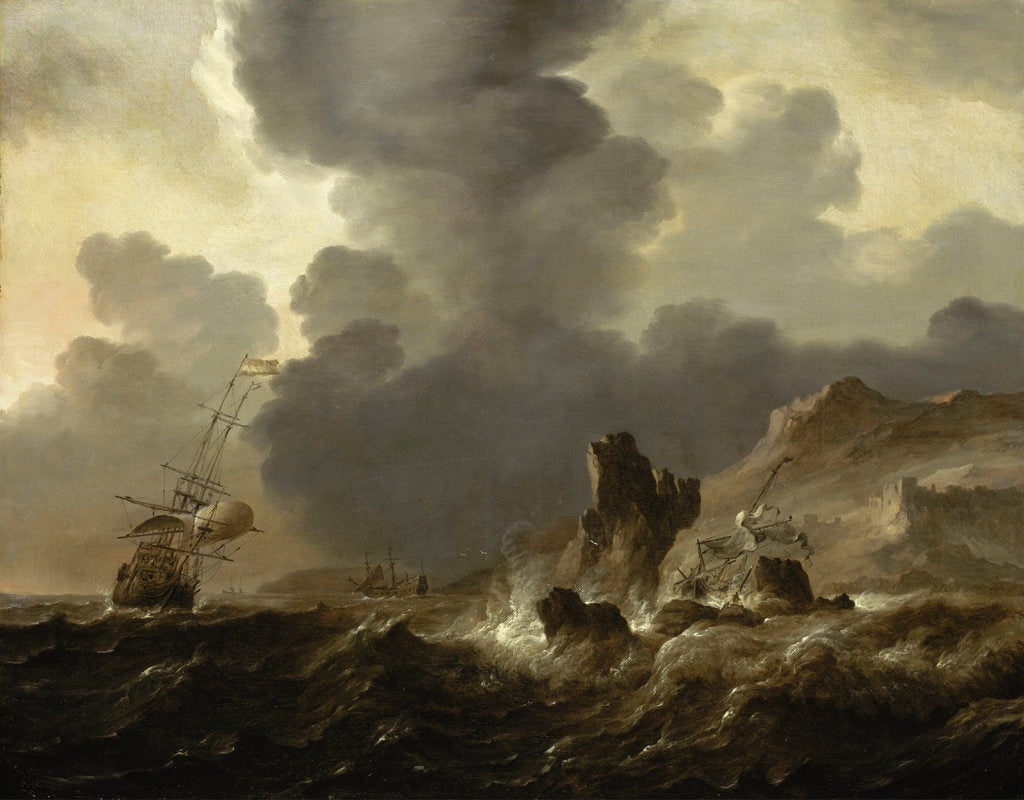 Detail of A Dutch ship wrecked on a rocky coast by Ludolf Bakhuizen