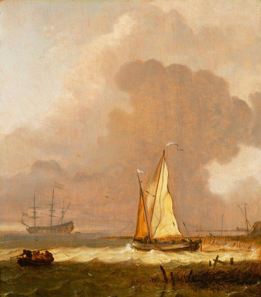Detail of A kaag leaving the shore in stormy weather by Ludolf Bakhuizen