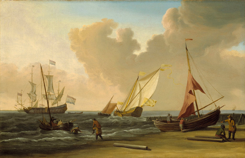 Detail of A fishing pink hauled up on the beach in a fresh breeze on the Dutch coast by Willem Van de Velde the Younger