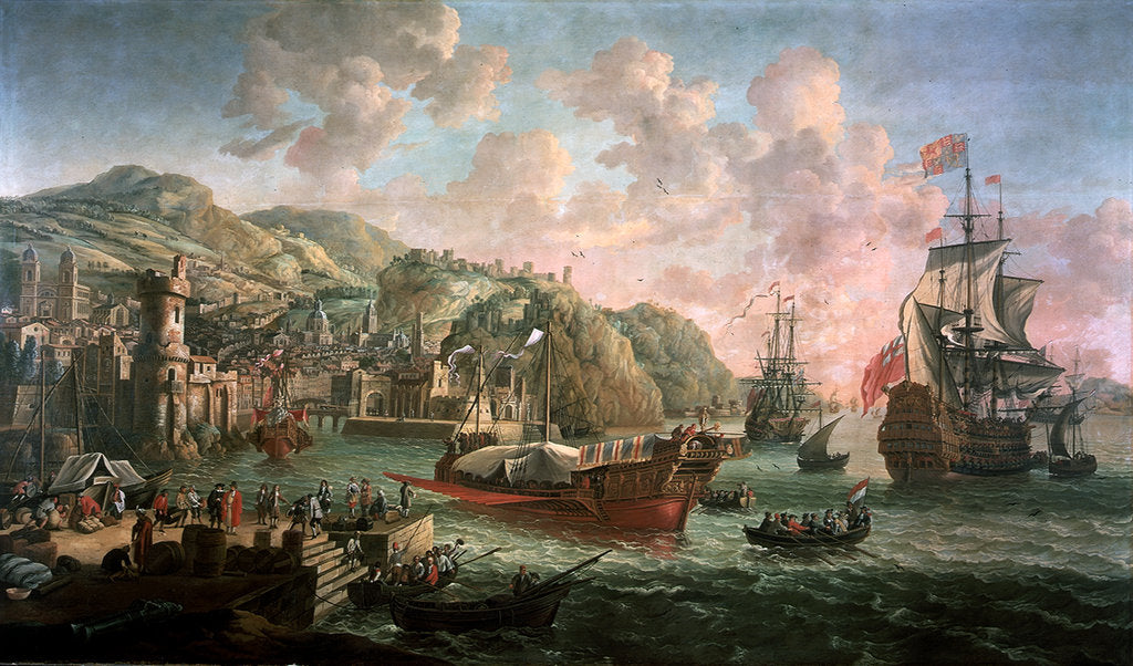 Detail of Ships, galleys and other vessels off an Italian port by Jacob Knyff