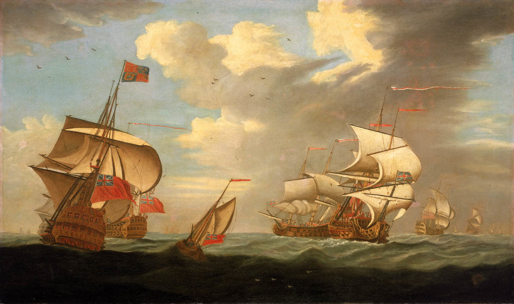 Detail of A man-of-war flying the Royal Standard, and other ships of the fleet by R. Vale