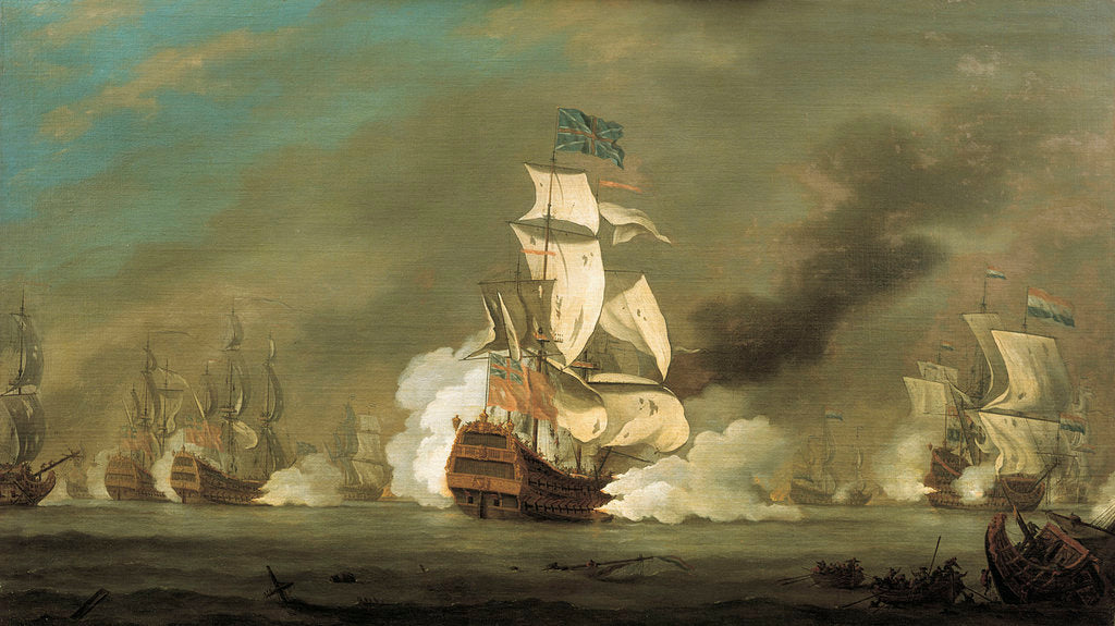 Detail of A battle between English and Dutch ships by Robert Woodcock