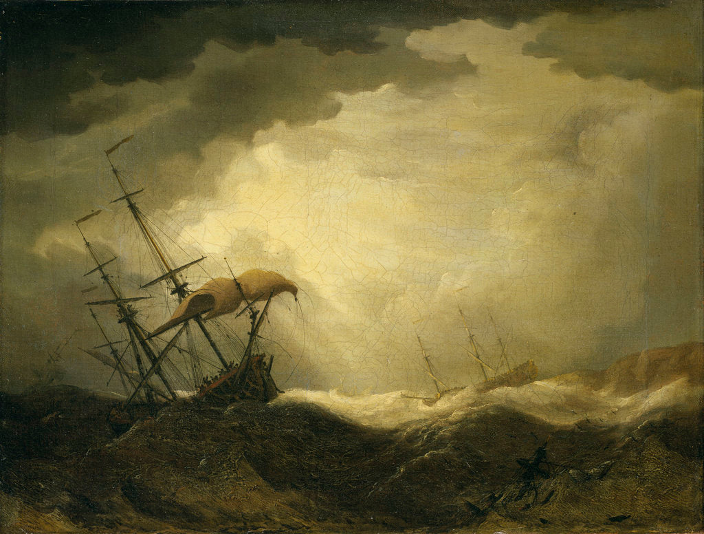 Detail of Ships driving onto a rocky shore in a heavy sea by Cornelis van de Velde