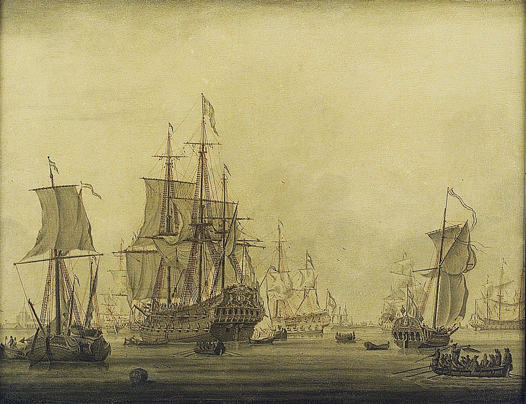 Detail of Calm: Dutch ships at anchor in a crowded harbour by Cornelis Bouwmeester