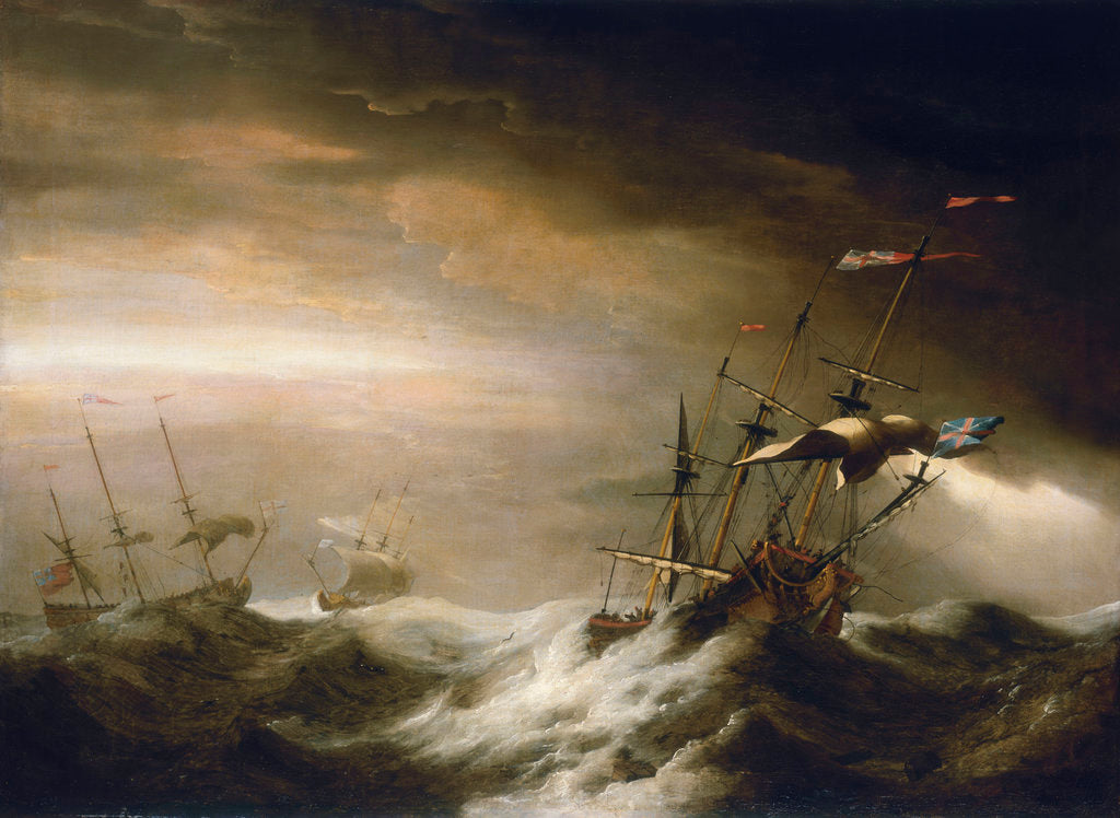 Detail of English ships in a storm by Johan van der Hagen