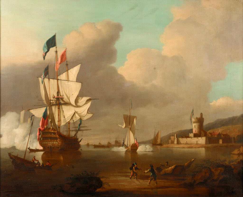 Detail of A ship saluting a fort by Peter Monamy