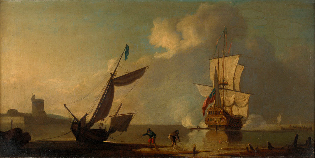 Detail of A ship saluting a fort by J. Cook