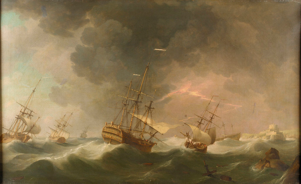 Detail of East Indiamen driven ashore in a storm by Charles Brooking