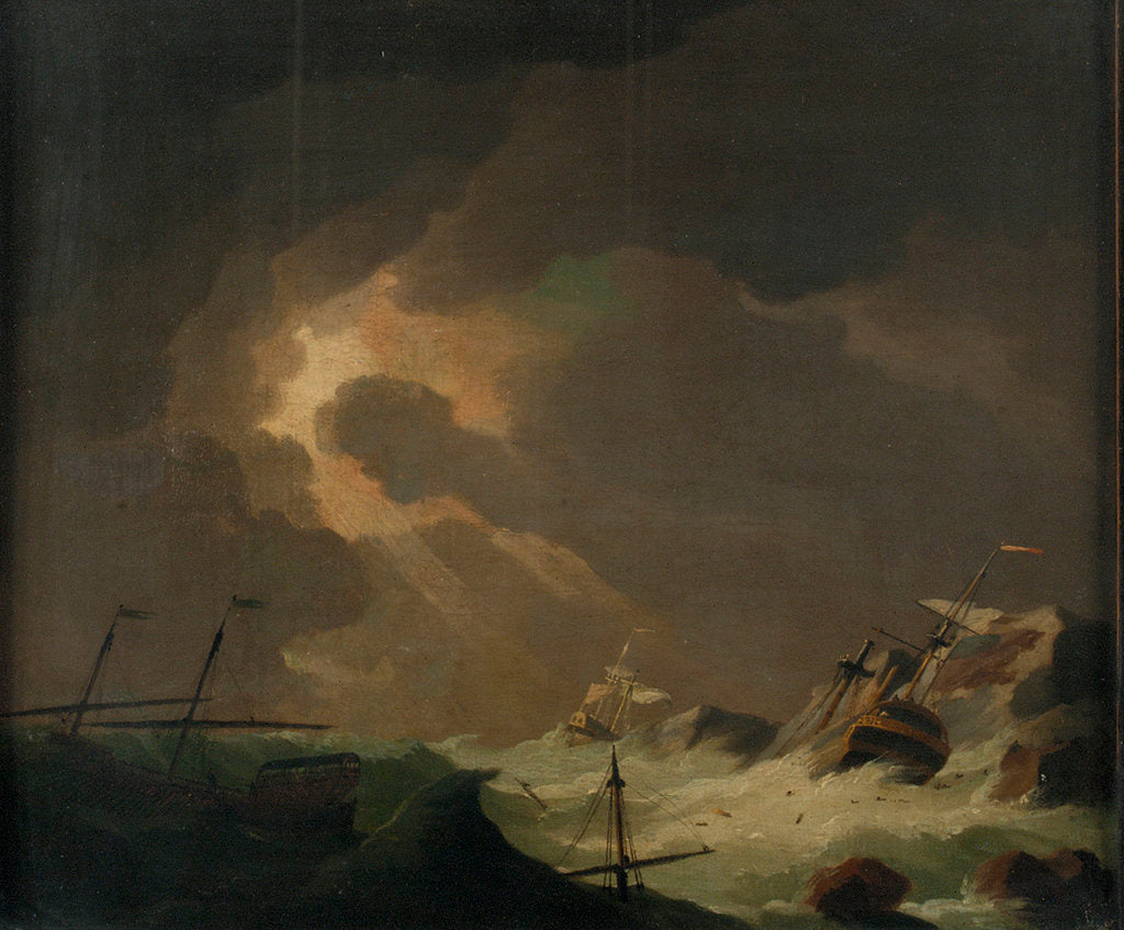 Detail of A galley with other vessels wrecked on a rocky coast by Charles Brooking