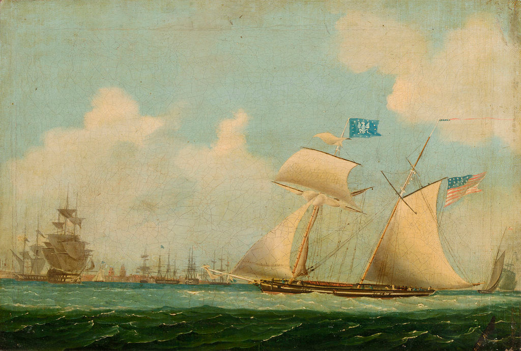 Detail of An American privateer schooner and other vessels near a harbour by Burton