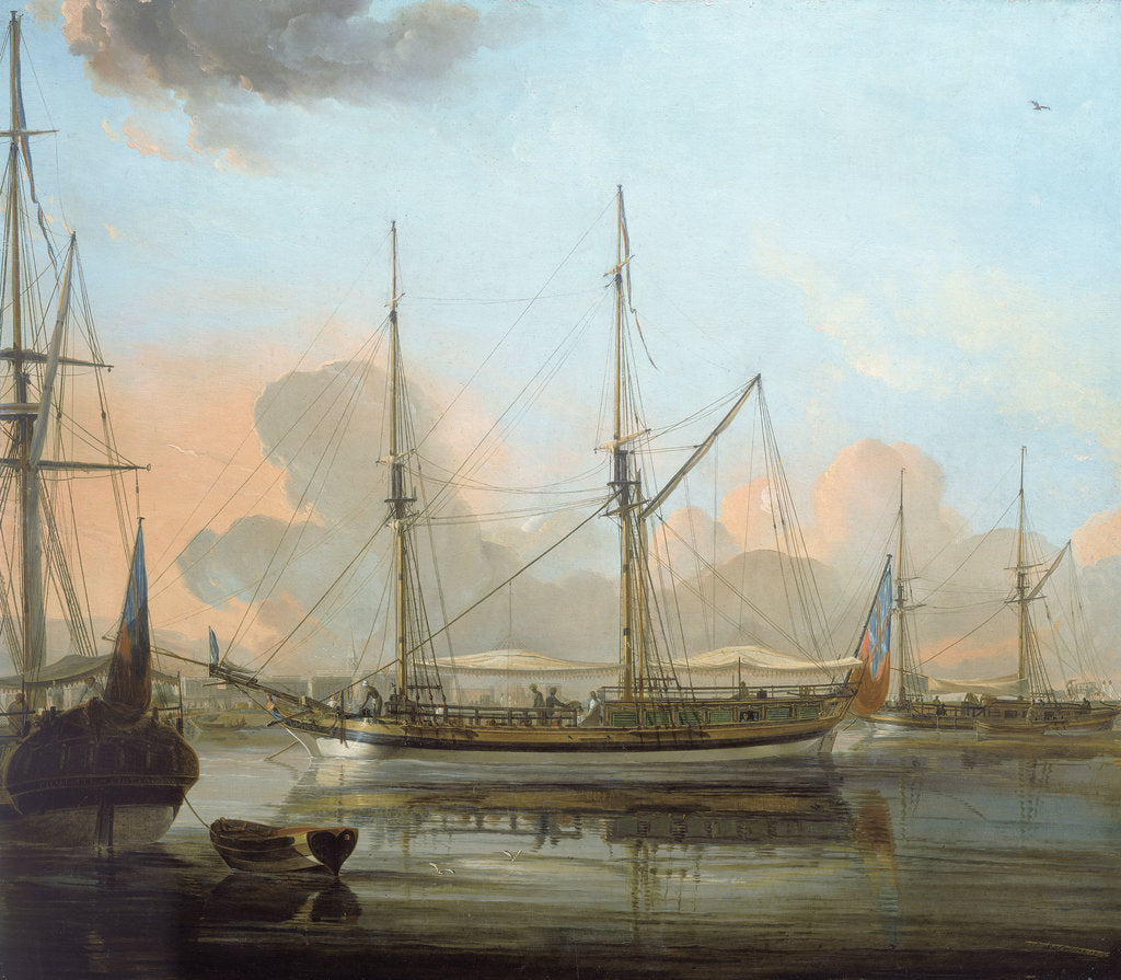 Detail of The 'Charlotte' of Chittagong and other vessels at anchor in the river Hoogli by Franz Balthazar Solvyns
