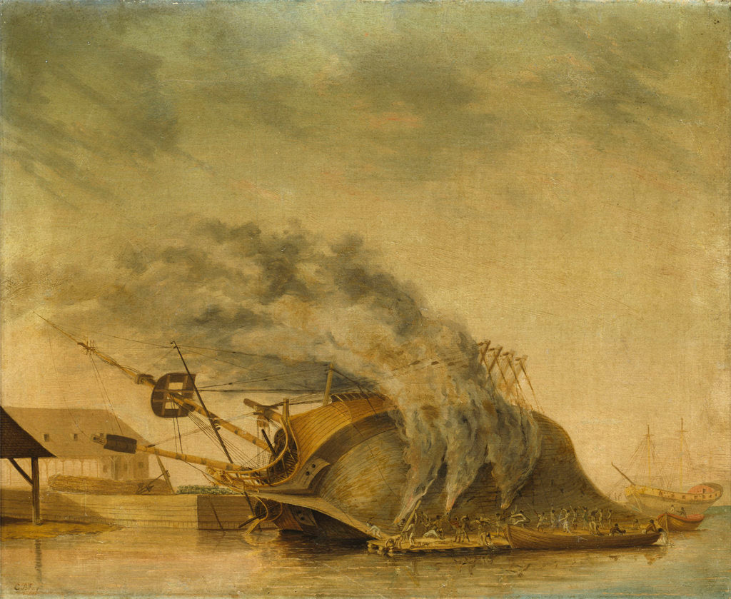 Detail of A ship hove down and burning off by Gabriel Bray