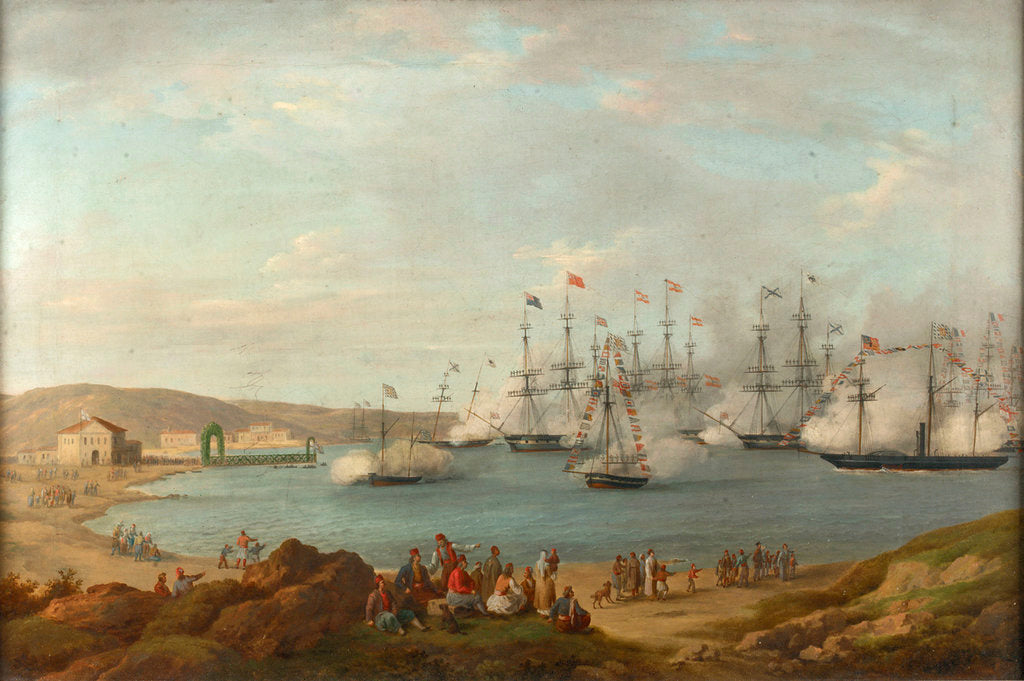 Detail of The international squadron carrying Prince Otto of Bavaria to become King of Greece firing a salute off Nafplio, February 1833 by attributed to John (Giovanni) Schranz