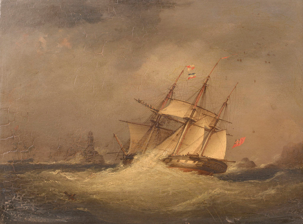 Detail of A frigate off a rocky coast by Nicolas Matthew Condy