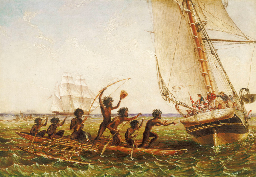Detail of Aboriginal canoes communicating with Monarch and the Tom Tough, 28 August 1855 by John Thomas Baines