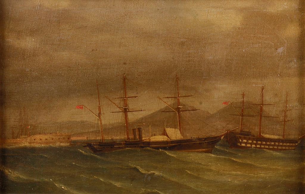 Detail of A paddle frigate in a rough sea off Naples by A. de Simone