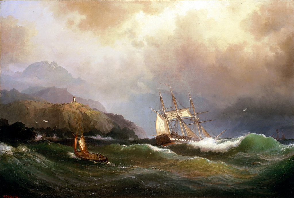 Detail of A frigate clawing off a rocky coast by Vilhelm Melbye