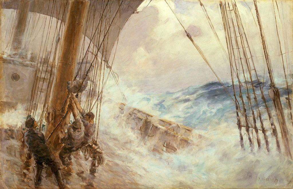 Detail of Clewing up the mainsail in heavy weather by Arthur John Trevor Briscoe