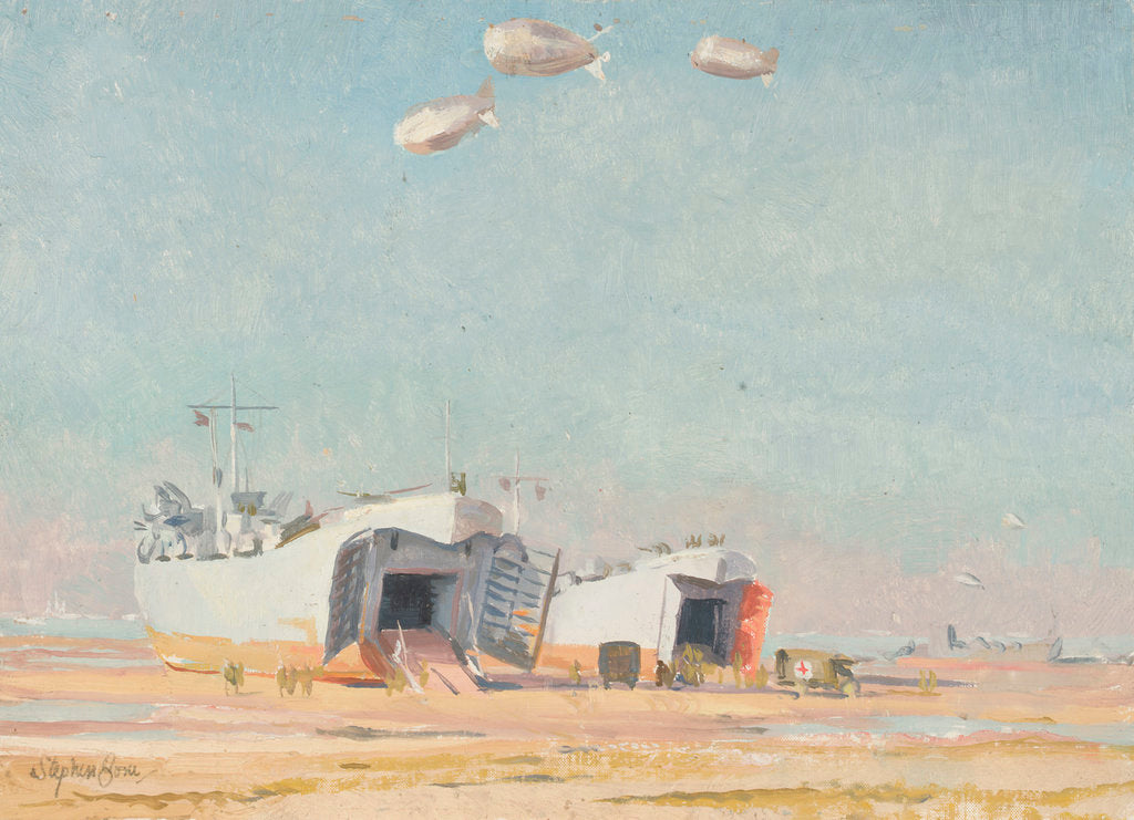 Detail of LSTs on the beach at Courseulles by Stephen Bone