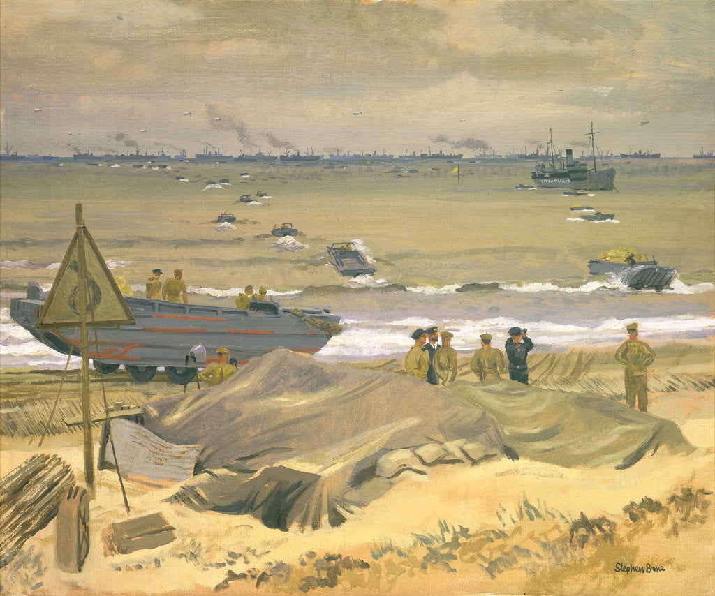Detail of View of Courseulles with DUKWs landing stores by Stephen Bone